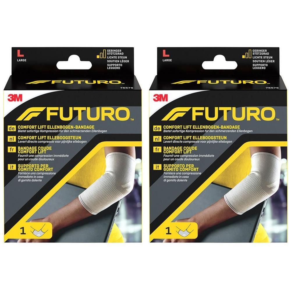 Deux bandages du coude FUTURO Comfort Lift taille L sur emballage.