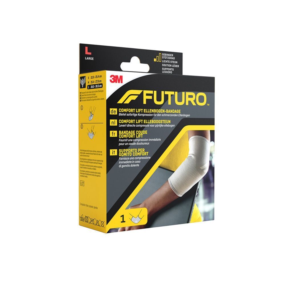 Bandage du Coude Comfort Lift FUTURO, taille L, sur un emballage avec illustration du produit.