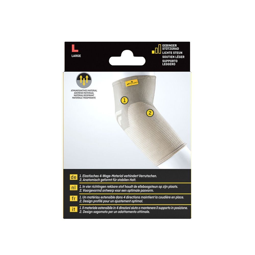 Bandage du Coude Comfort Lift FUTURO, taille L, sur emballage avec illustration détaillée et indications de taille.