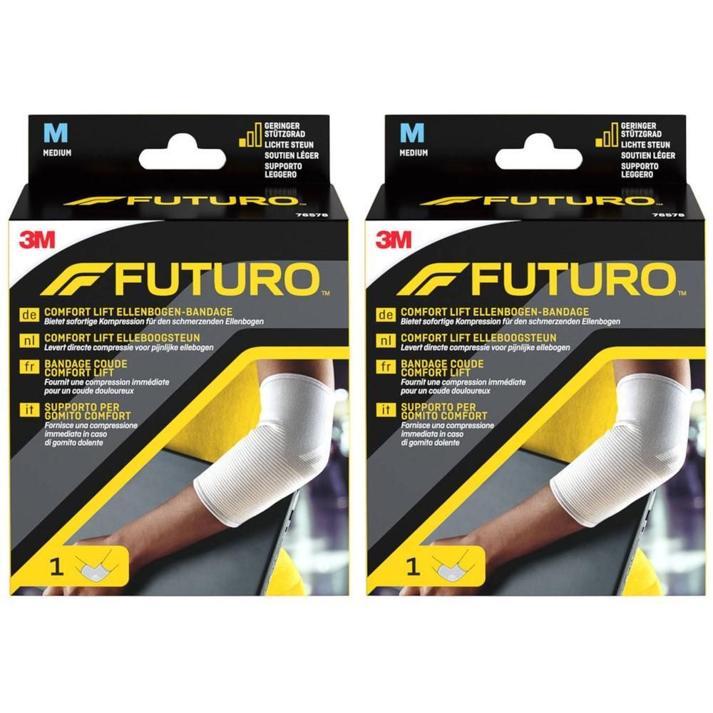 Twee verpakkingen FUTURO Comfort Lift elleboogbraces in maat M. Wit, gebreid, met compressiefunctie.