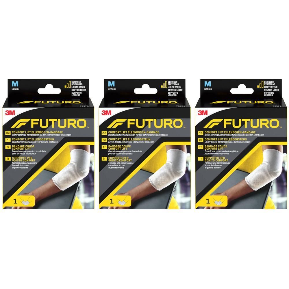 Drie FUTURO Comfort Lift elleboogbandages in maat M, verpakt in dozen.