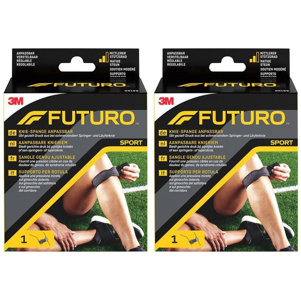 Twee FUTURO™ kniebanden in de doos, met een afbeelding van een persoon die de band draagt.