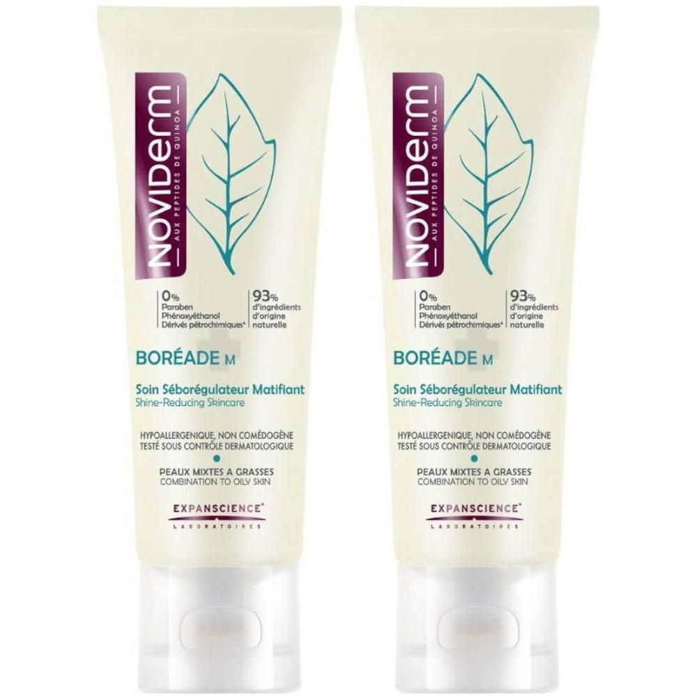 Deux tubes Noviderm Boreade M Soin Séborégulateur Matifiant pour peaux mixtes à grasses.