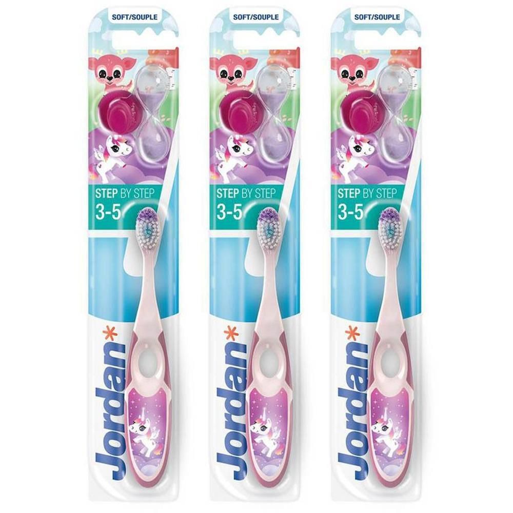 Trois brosses à dents Jordan Step by Step 3-5 ans, roses, avec motif licorne.