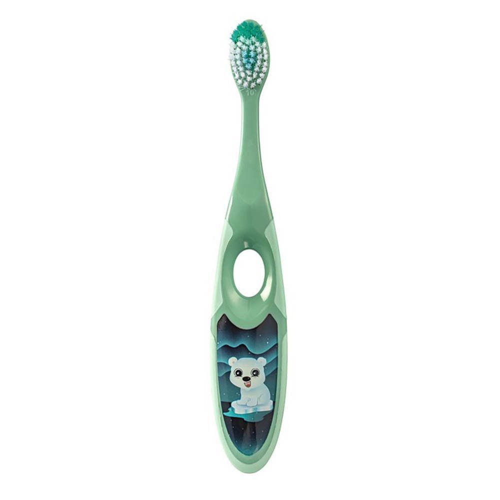 Une brosse à dents Jordan Step by Step 3-5 ans, verte, avec motif ours polaire.