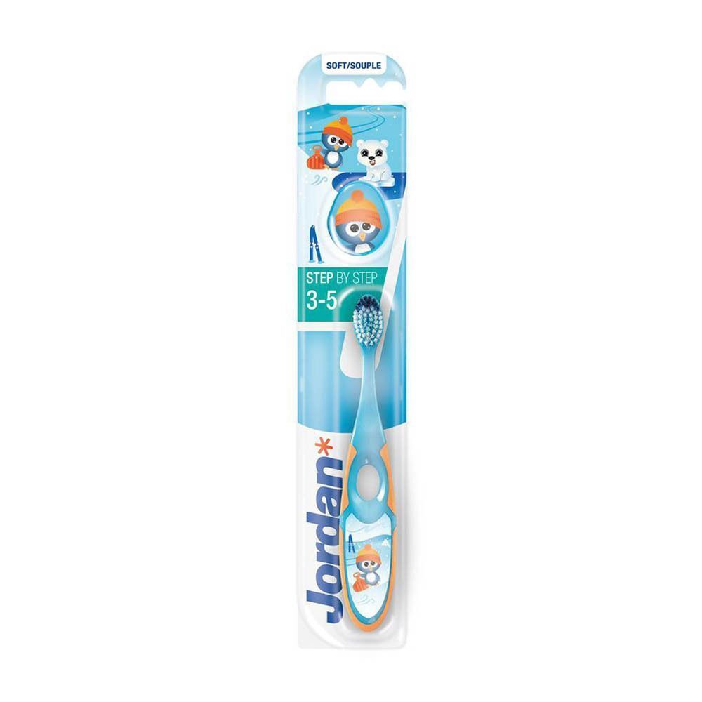 Brosse à dents Jordan Step by Step 3-5 ans, bleu/orange avec motif pingouin.