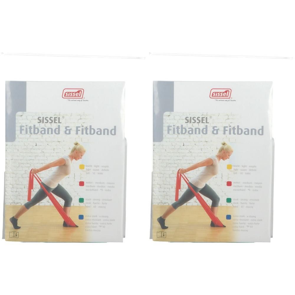 Twee pakken Sissel Fitband & Fitband met afbeeldingen van een vrouw die een rode weerstandsband gebruikt.