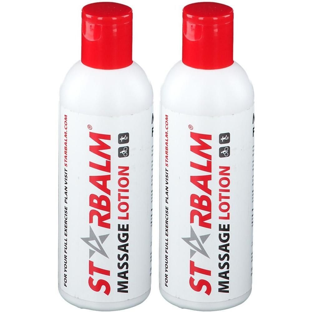 Twee flessen STARBALM Massage Lotion met rode doppen.