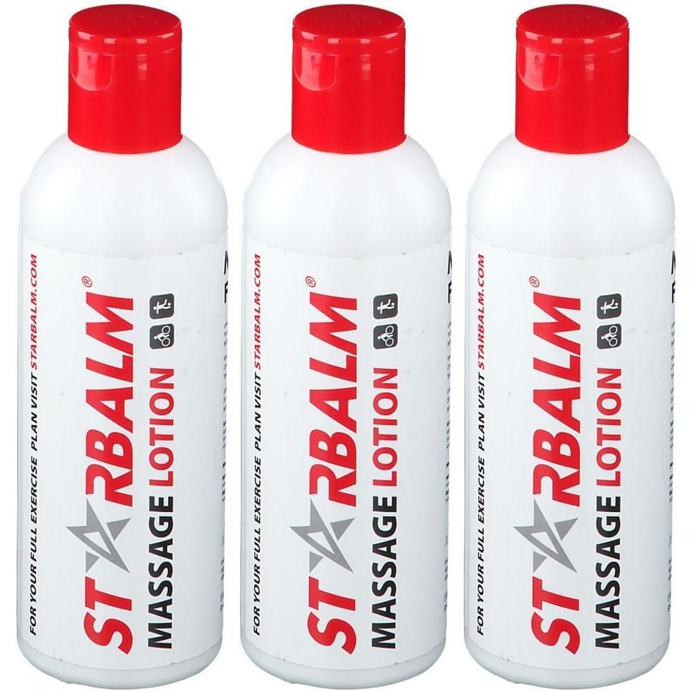 Trois bouteilles blanches de STARBALM Massage Lotion avec bouchons rouges.