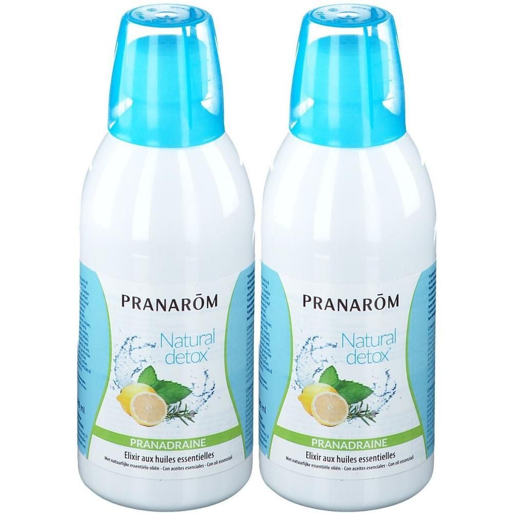 Deux flacons Pranarôm Natural Detox avec illustrations de citron et d'herbes.