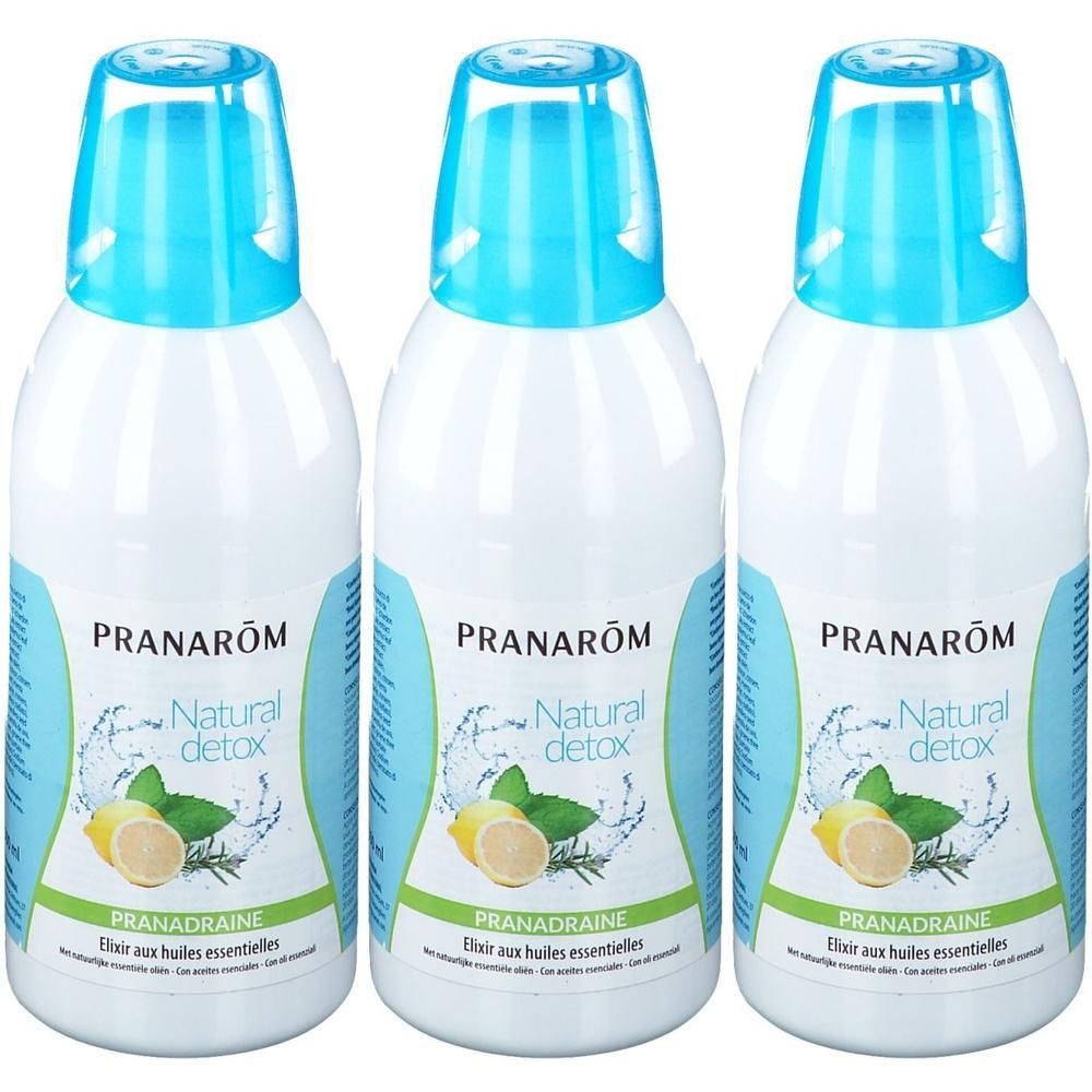 Trois bouteilles Pranarôm Natural Detox à bouchons bleus. Motif citron et menthe.