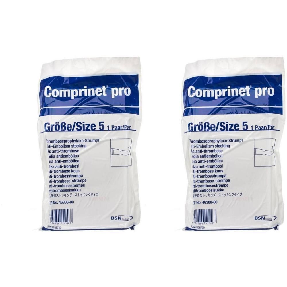 Deux sachets blancs avec l'inscription "Comprinet pro". Taille 5, 1 paire/paquet. Inscription en plusieurs langues.