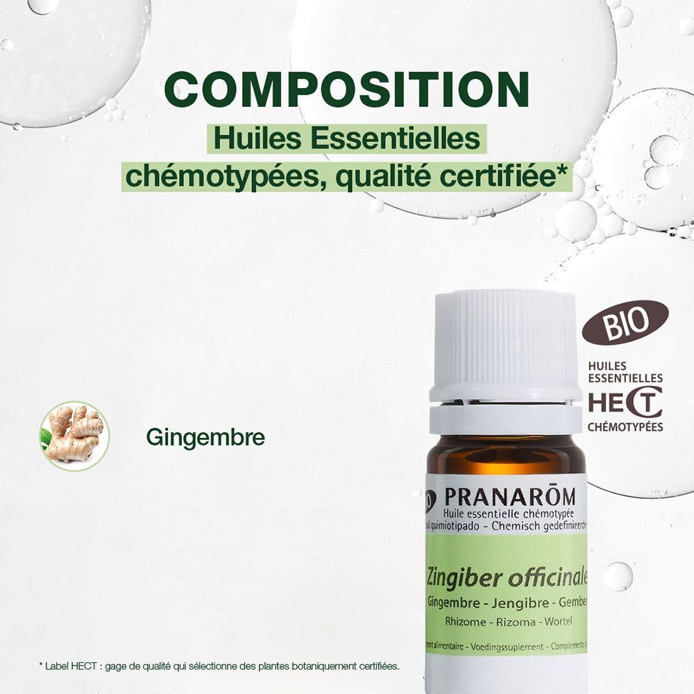 Flacon d'huile essentielle de gingembre. Sceau BIO, label HECT et icône racine de gingembre.