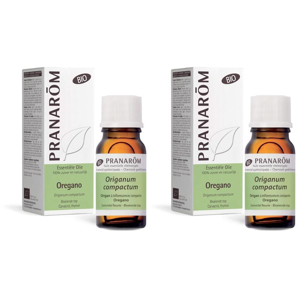 Twee flesjes biologische Oregano etherische olie van Pranarôm met doosjes.