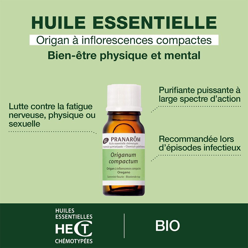 Flacon d'huile essentielle d'Origan Bio Pranarôm, avec indications d'usage et propriétés.