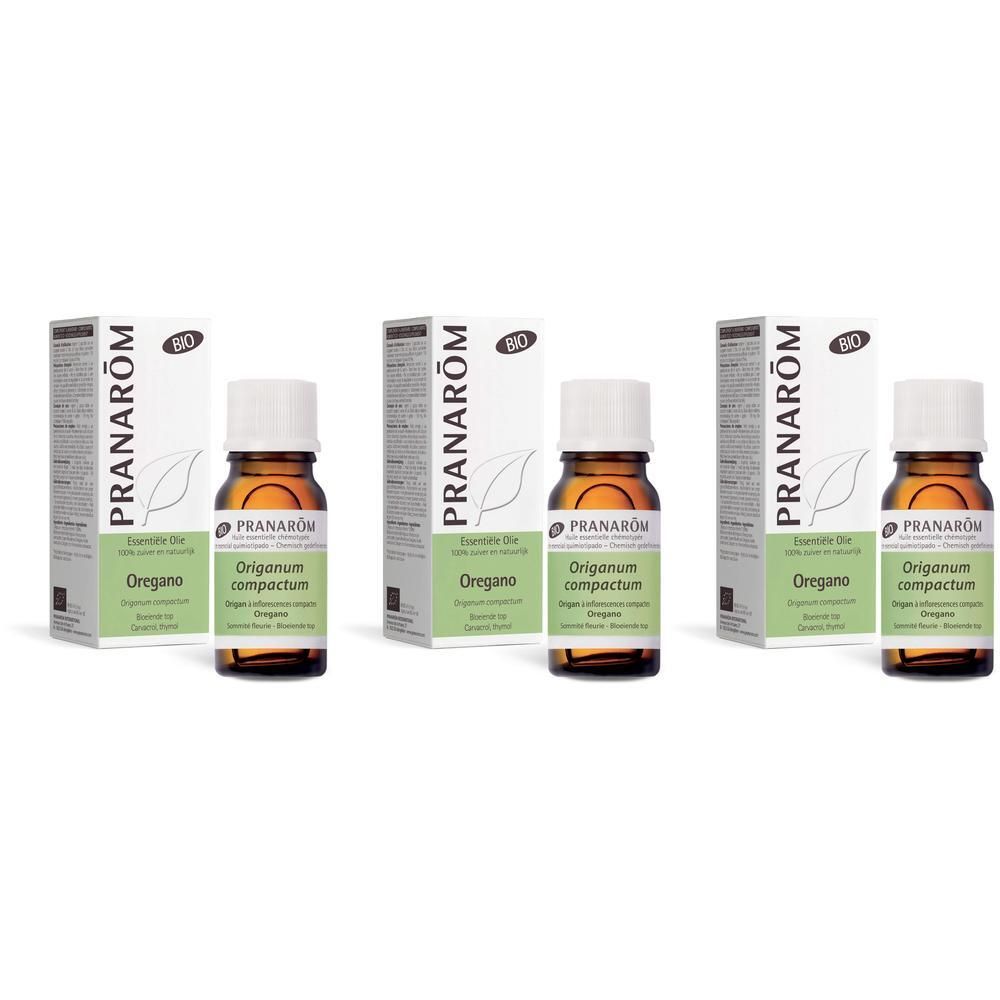 Drie flesjes biologische oregano etherische olie van Pranarôm met doosjes.