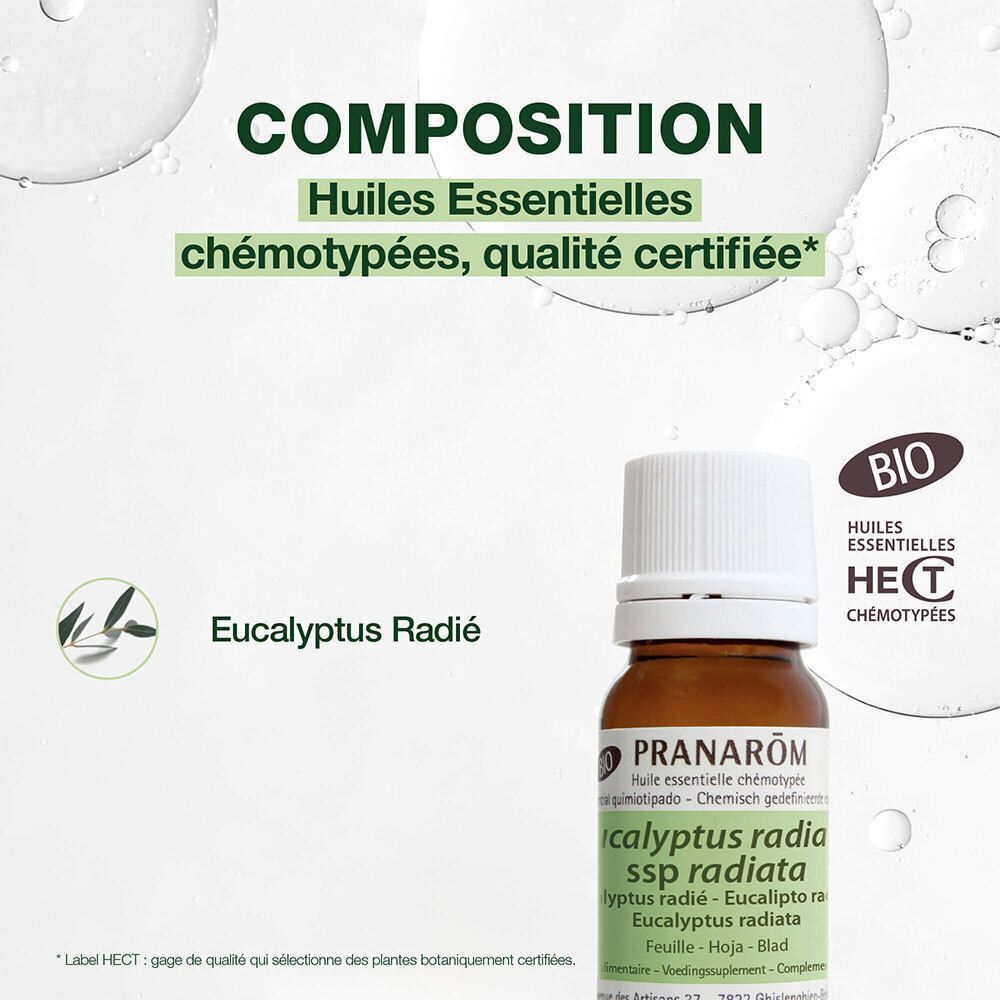 Flacon d'Huile Essentielle Eucalyptus Radié Pranarôm, certifié Bio.