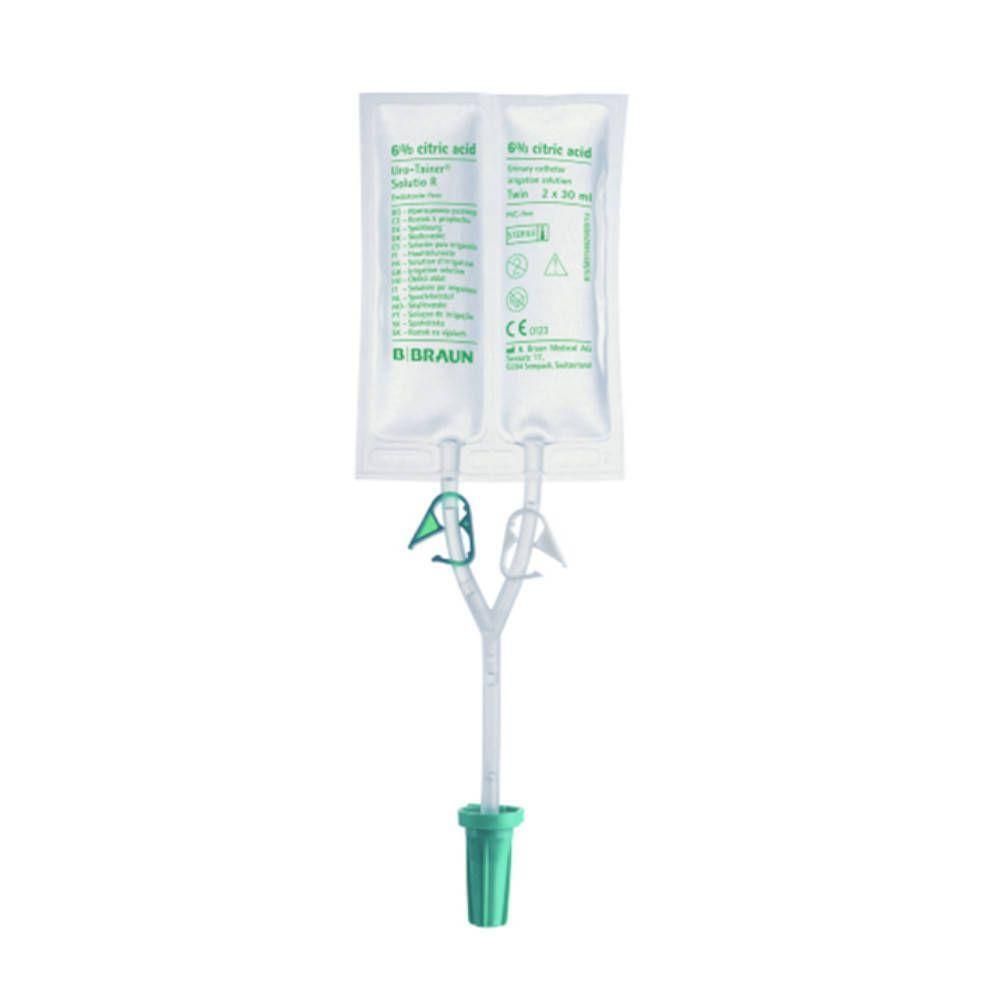 Twee zakjes van 200ml 6% citroenzuuroplossing, verbonden door een Y-slang met klemmen en groene dop.