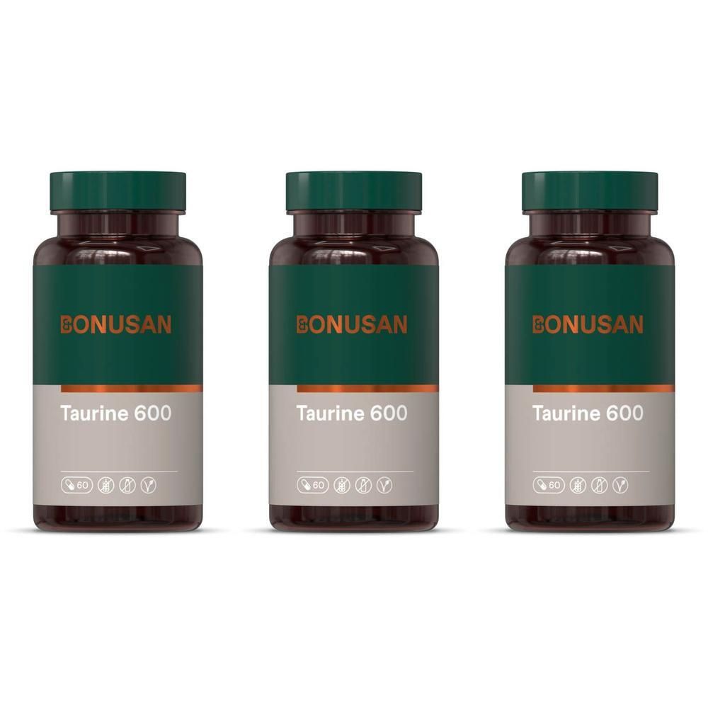 Drie flacons Bonusan Taurine 600 met groene dop en etiketten.