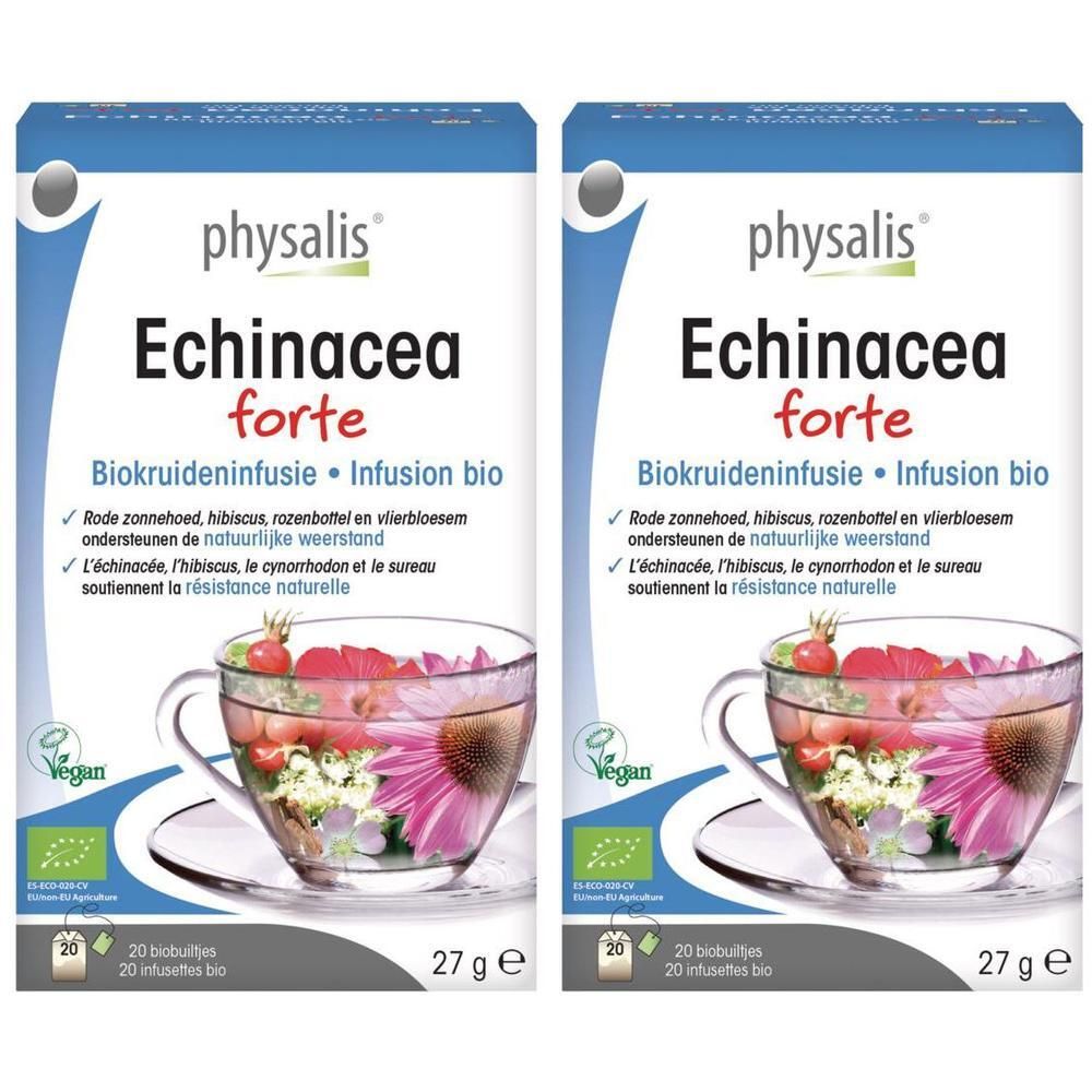 Deux paquets de tisane bio Physalis Echinacea Forte. Une tasse de thé avec des fleurs et des fruits est représentée.