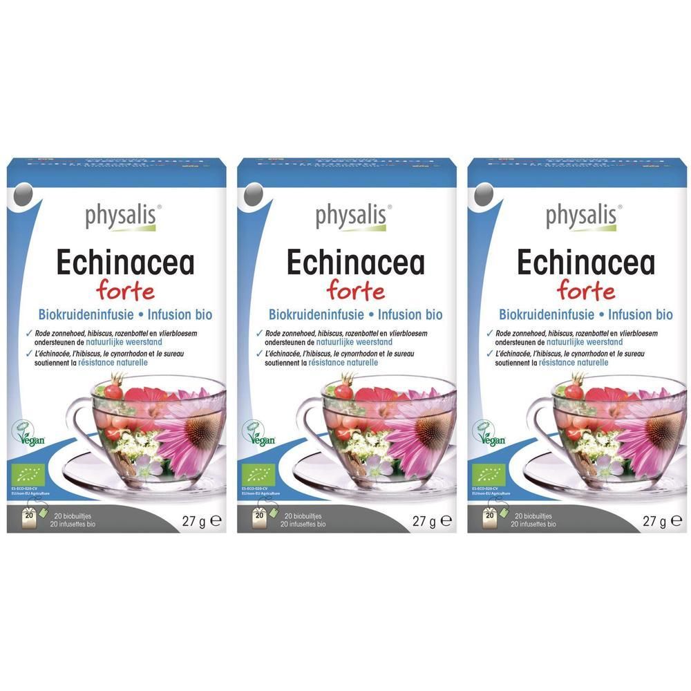 Drie pakken Physalis Echinacea Forte Bio kruidenthee. Elk pak toont een kop thee met echinaceabloemen en bessen.