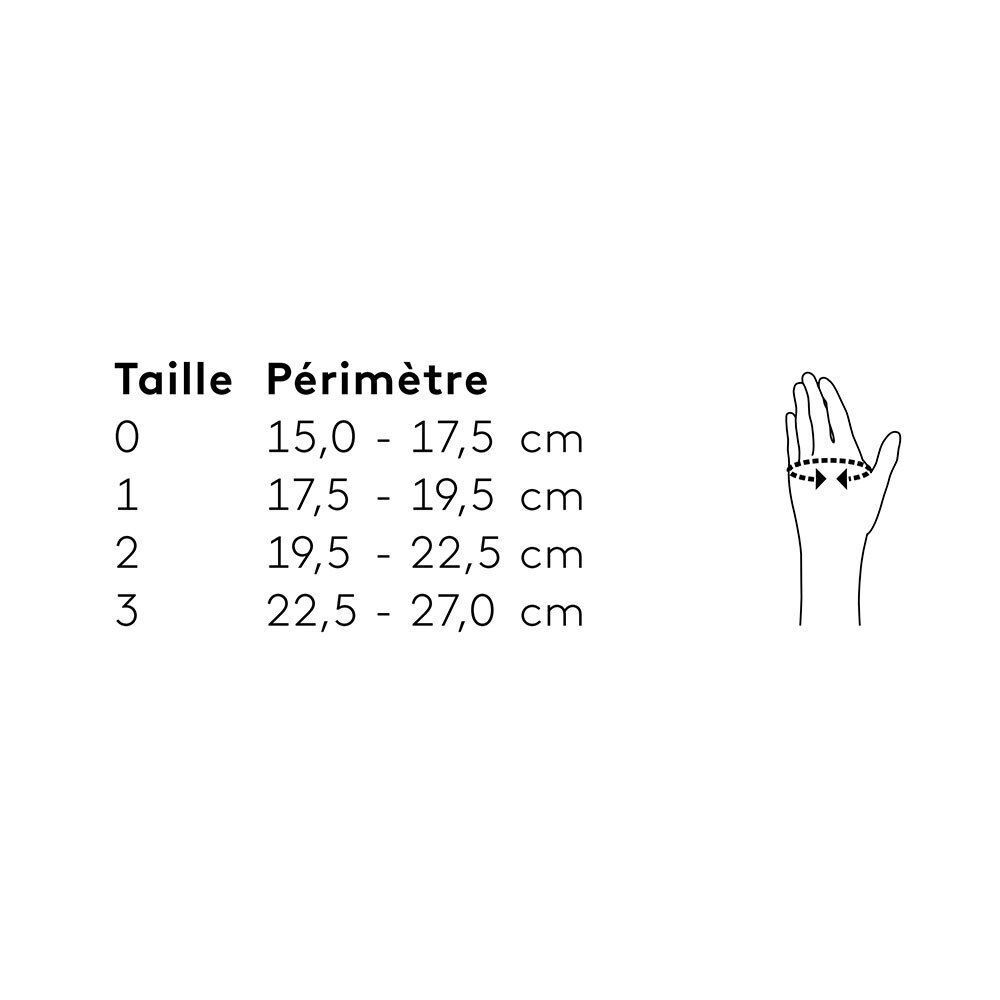 Tableau des tailles pour bandages de pouce : Taille 2 correspond à un périmètre de main de 19,5-22,5 cm.