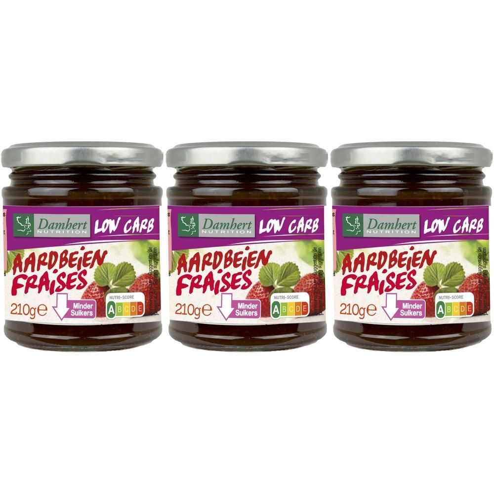 Trois pots de confiture de fraises avec inscription "Low Carb" et indication nutritionnelle.