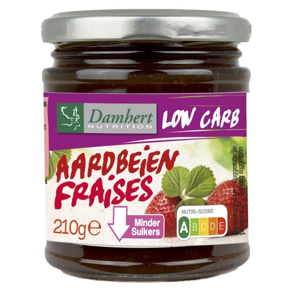 Confiture Damhert Low Carb Fraise, 210g. Moins de sucres. Nutri-Score A.
