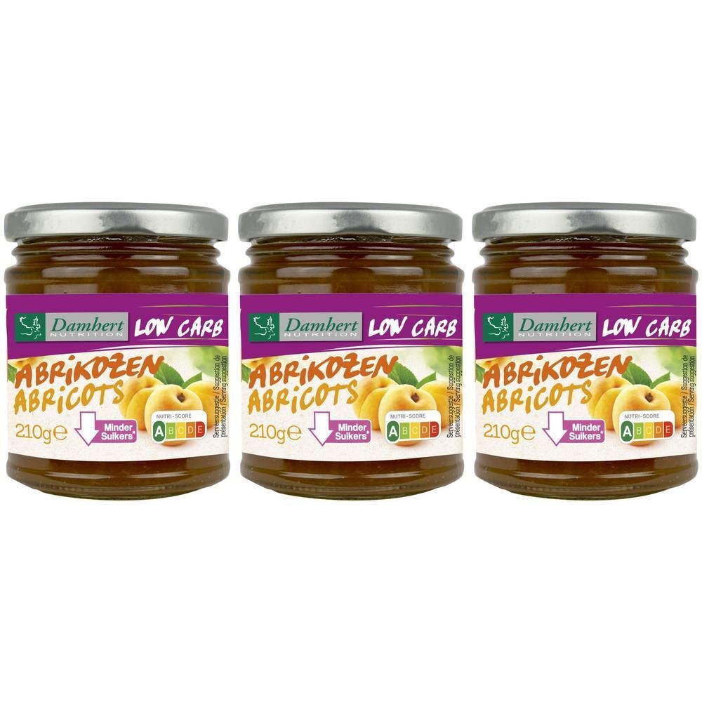 Drie potten Damhert Low Carb abrikozenconfituur, elk 210g.