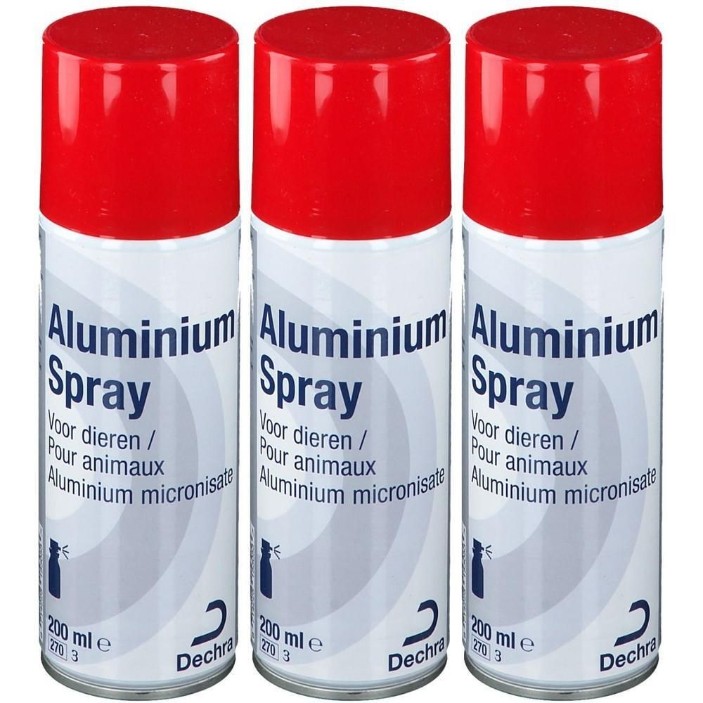 Trois bombes d'aluminium avec capuchons rouges. Chaque bombe indique "Aluminium Spray" et "200 ml".