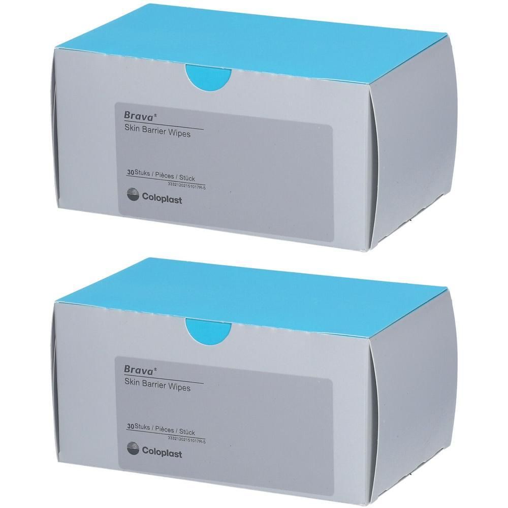 Twee pakken Brava Skin Barrier Wipes met blauwe deksel. Elke verpakking bevat 30 doekjes.
