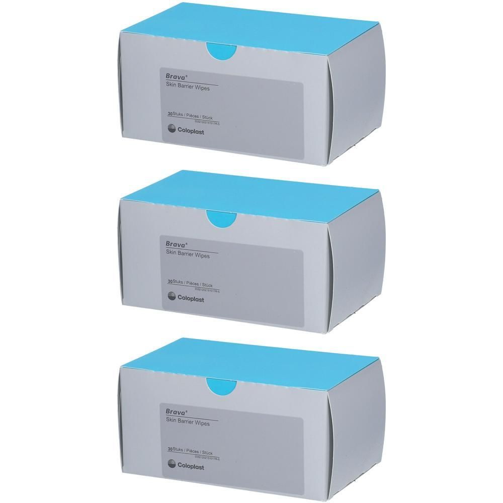 Drie dozen Brava Skin Barrier Wipes met blauwe deksels.