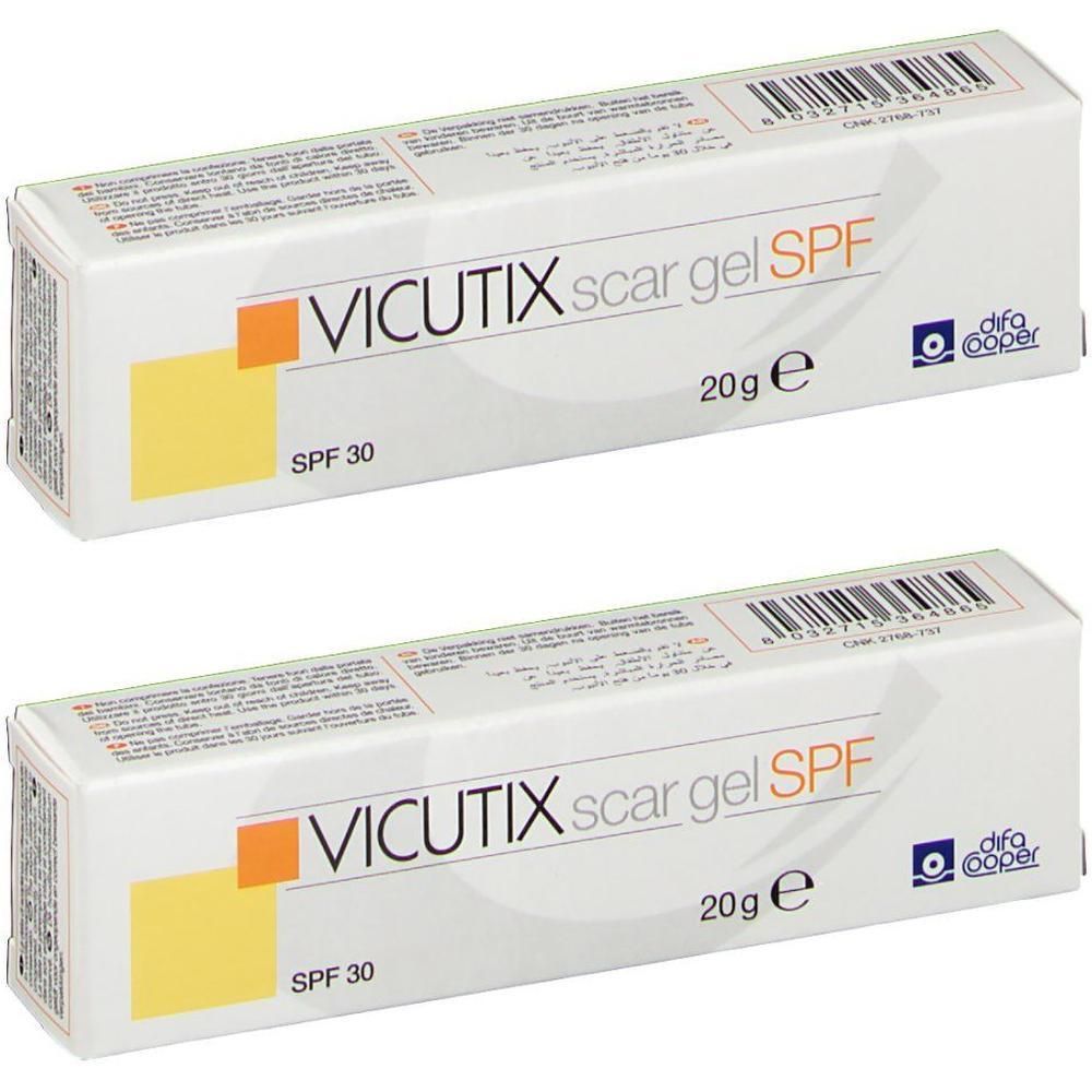 Deux paquets de gel cicatrices Vicutix SPF 30, 20g chacun.