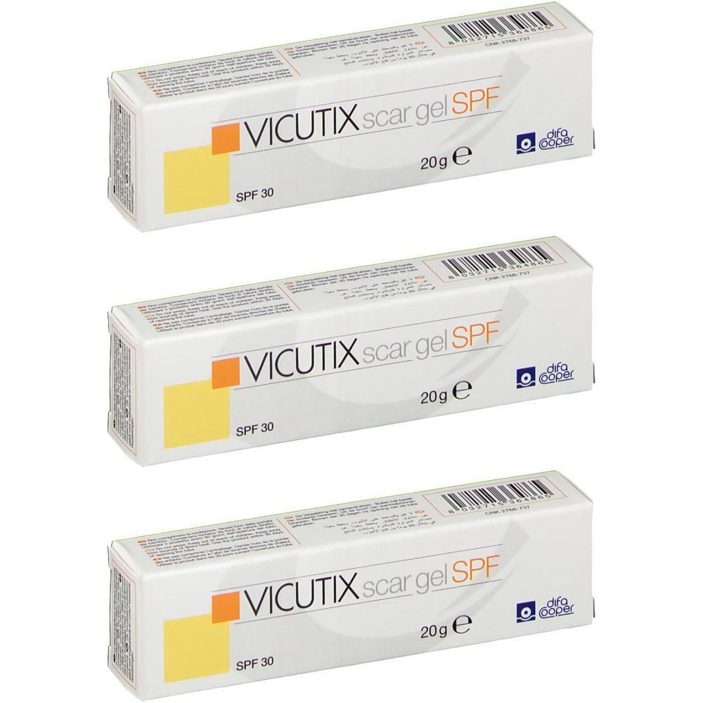 Trois boîtes de gel cicatrices Vicutix SPF 30, chacune de 20g.