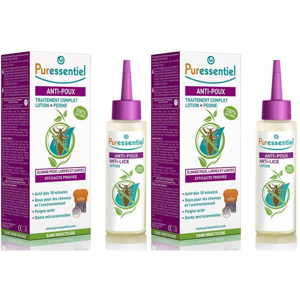 Puressentiel Anti-luis lotion: Fles met applicator en doos. Toont luizen-symbool en tekst.