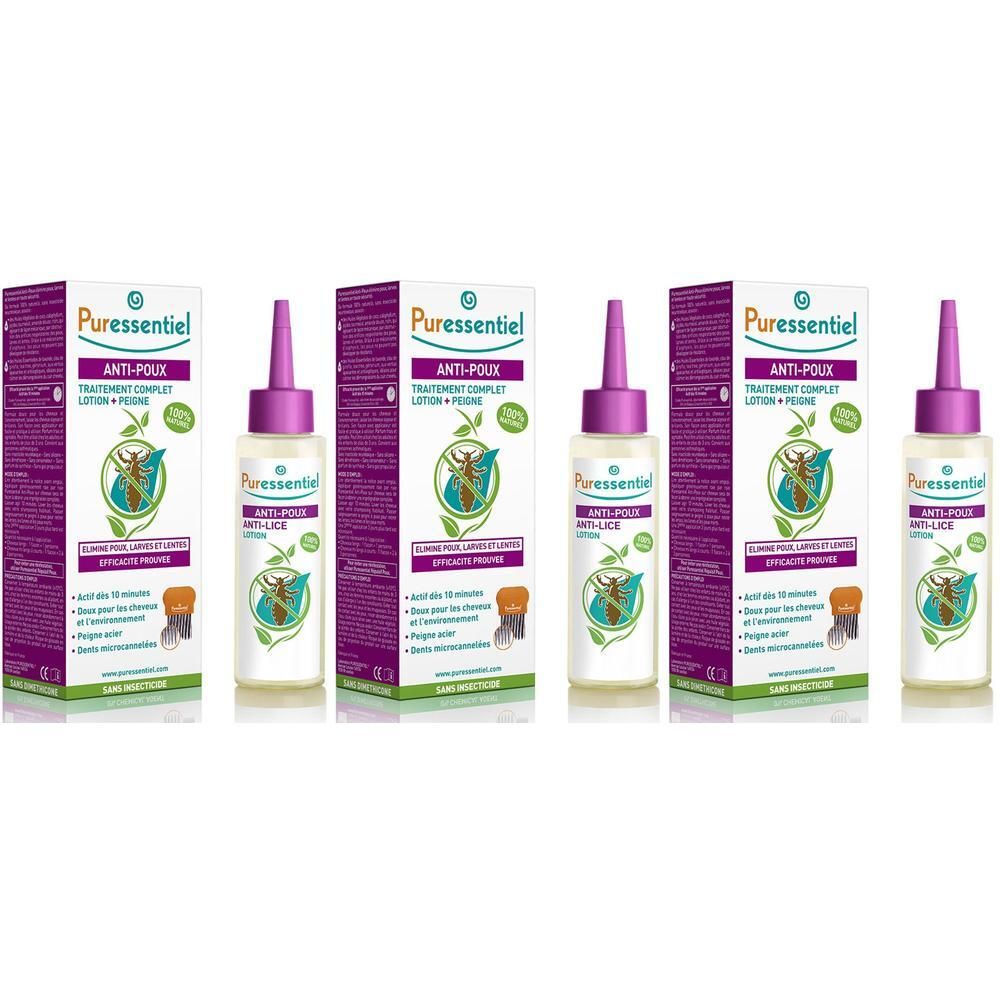 Drie verpakkingen Puressentiel Anti-luis lotion met kam. Paarse en witte verpakking met groene accenten.