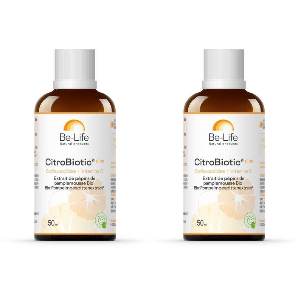 Deux flacons Be-Life Citrobiotic Plus de 50ml. Flacons en verre brun avec bouchon et étiquette blancs.