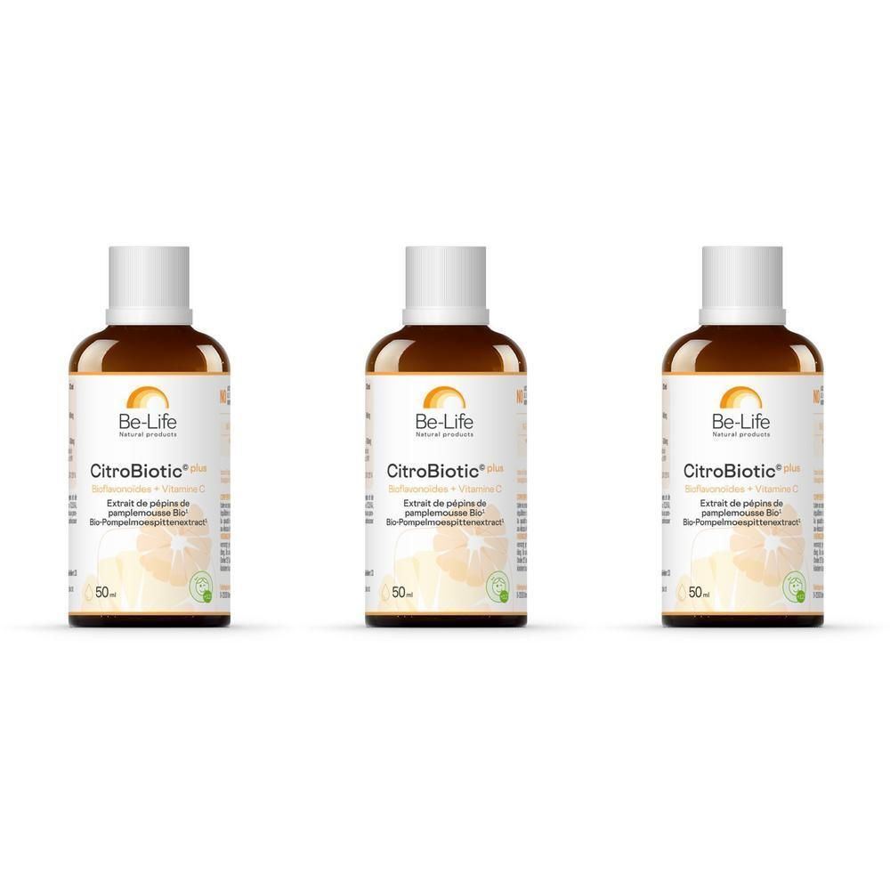 Drie flessen Be-Life Citrobiotic Plus met grapefruitafbeelding en 50ml vermelding.