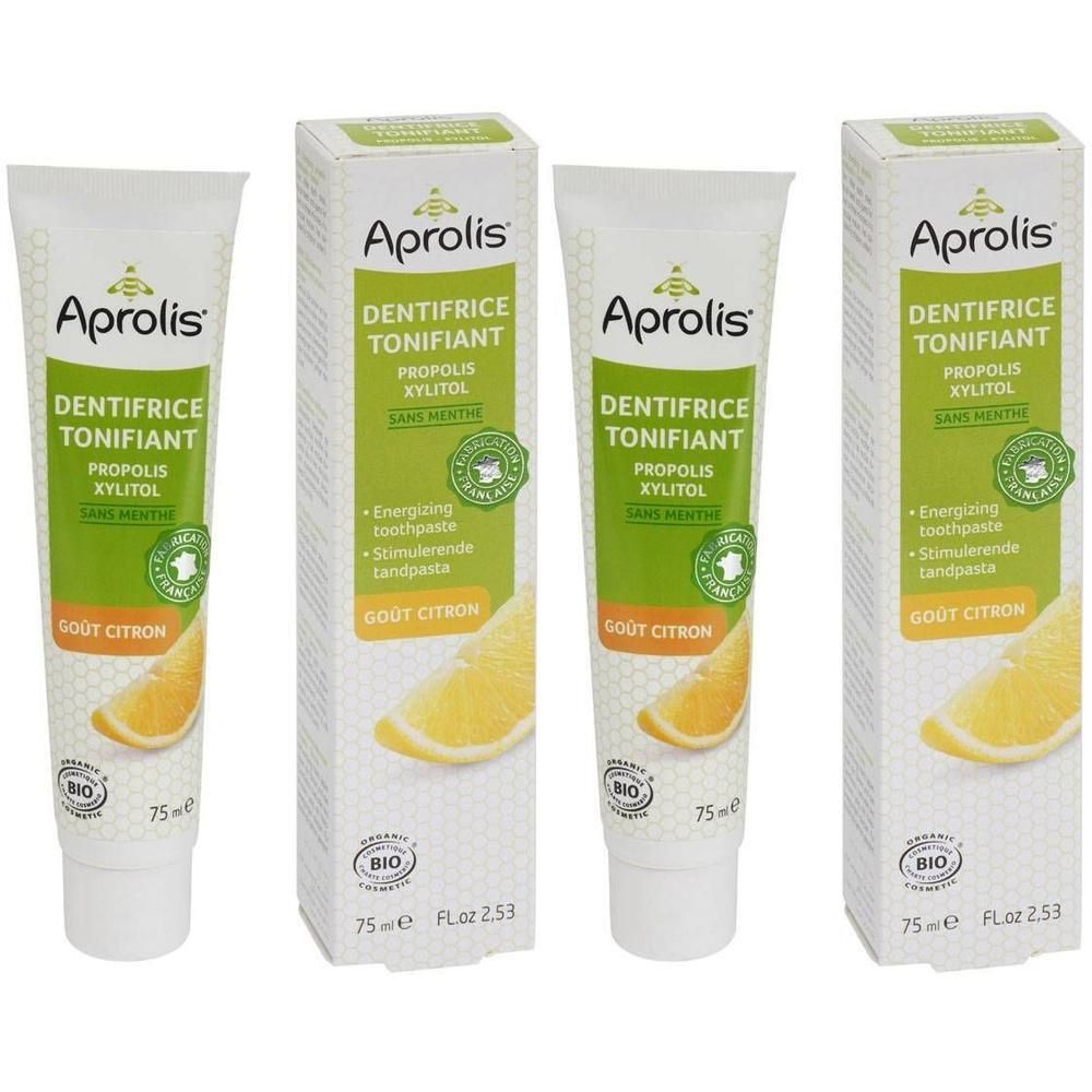 Dentifrice Tonifiant Aprolis Propolis Xylitol, goût citron, 75ml.