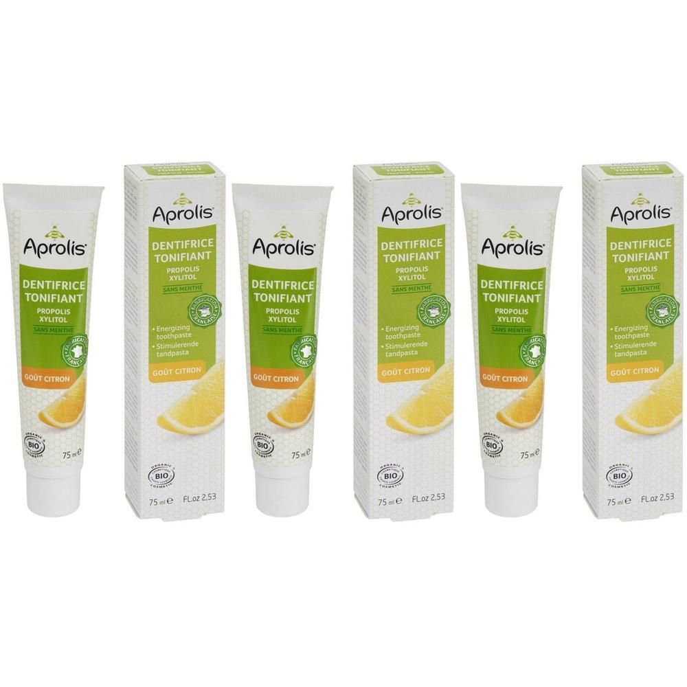Vier tubes Aprolis Tonifying tandpasta met citroen en bio-keurmerk.