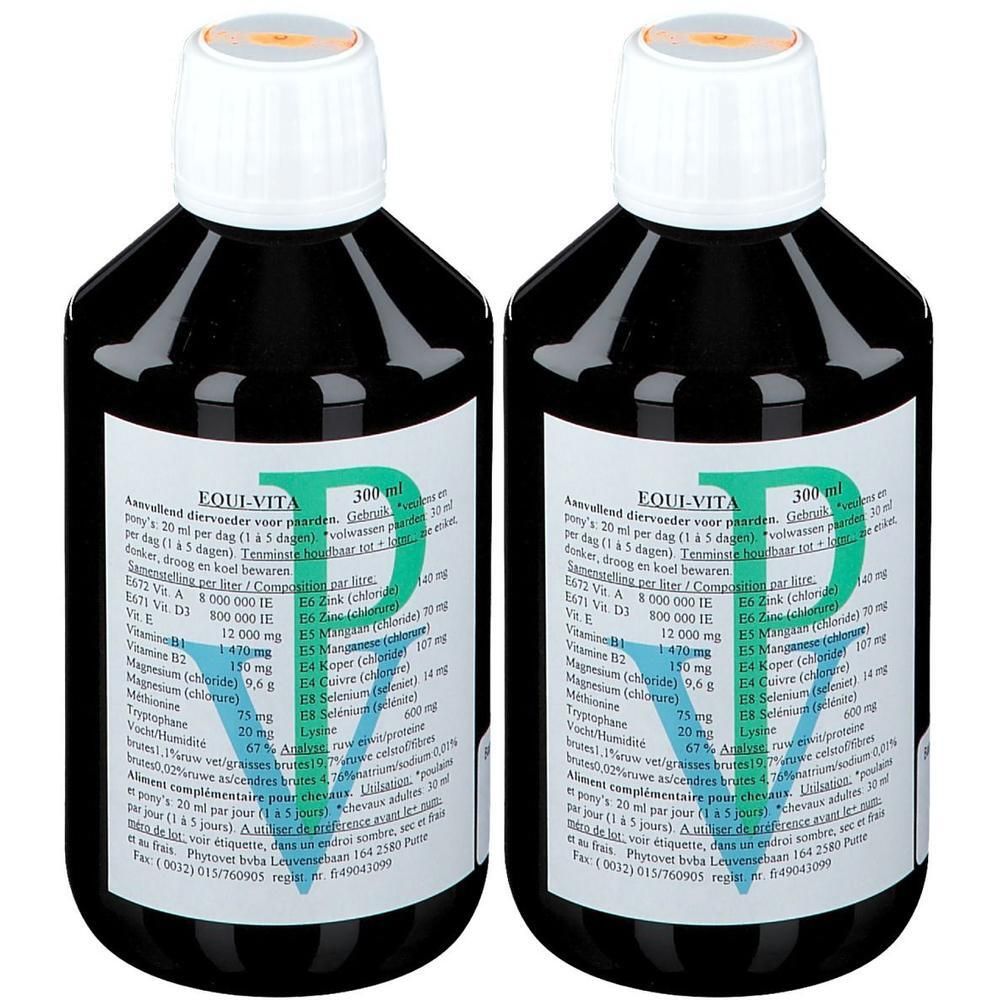 Twee donkere flessen Equi Vita, elk 300 ml, met witte doppen en etiketten met ingrediëntenlijst.