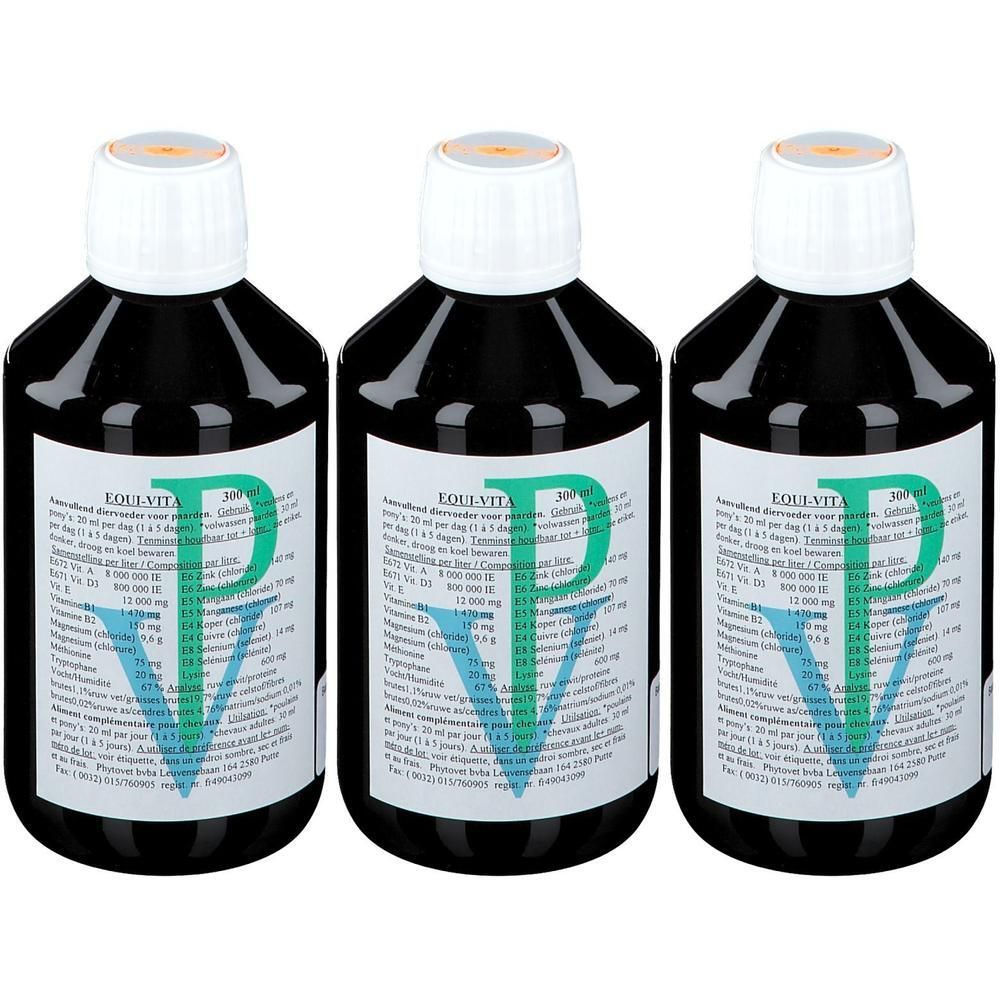 Trois bouteilles d'Equi Vita avec des étiquettes détaillant les ingrédients et le dosage.