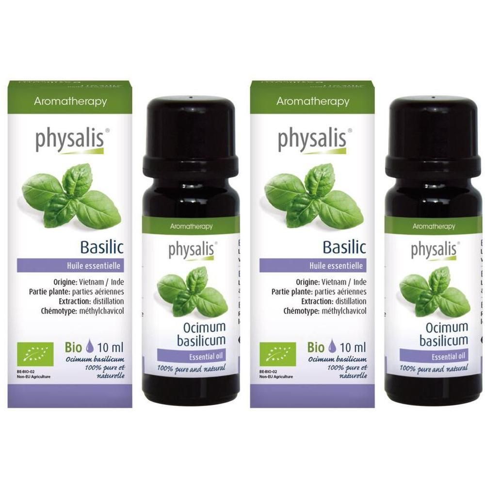 Quatre flacons en verre foncé d'huile essentielle de basilic Physalis. Certifié Bio.