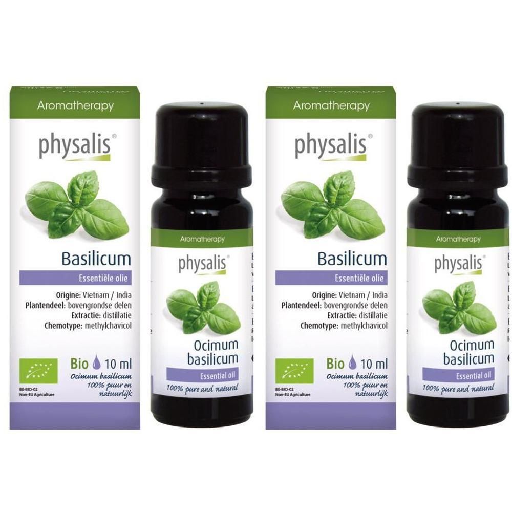 Vier donkere glazen flesjes met Physalis biologische etherische basilicumolie.