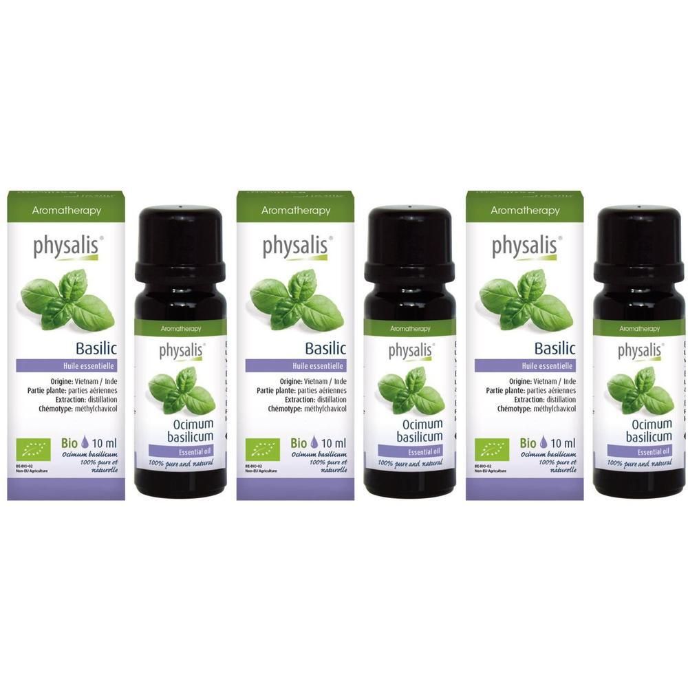 Cinq flacons d'huile essentielle de basilic Bio Physalis, 10 ml chacun.