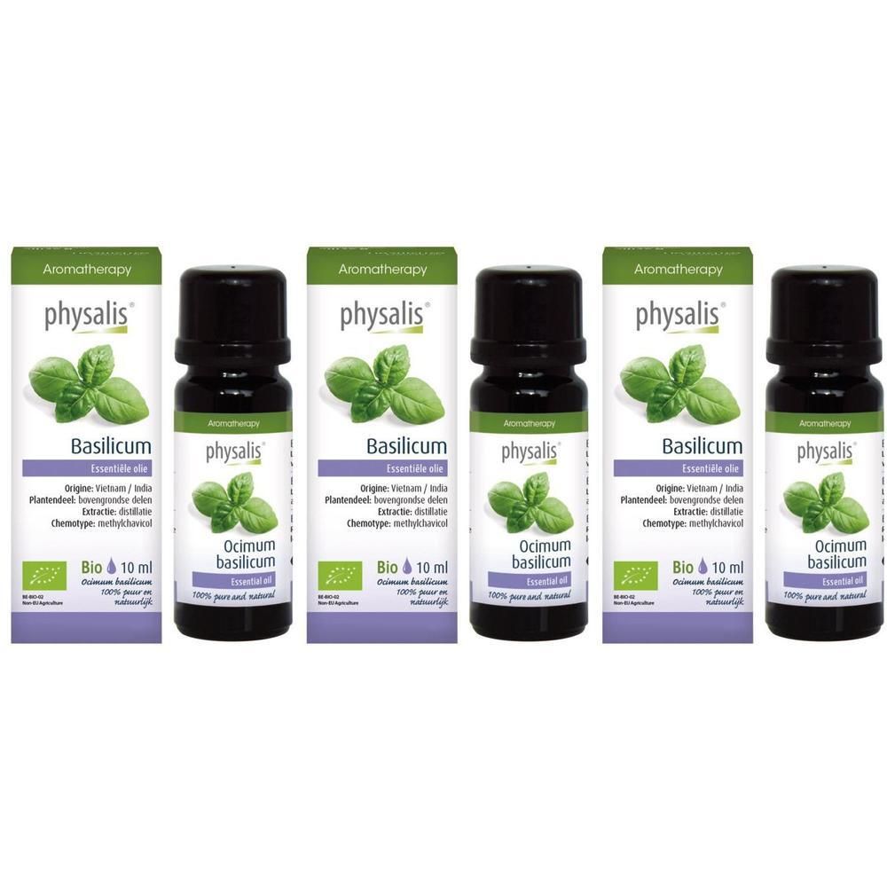 Vijf flesjes biologische basilicum etherische olie met verpakking. Elk flesje bevat 10 ml.