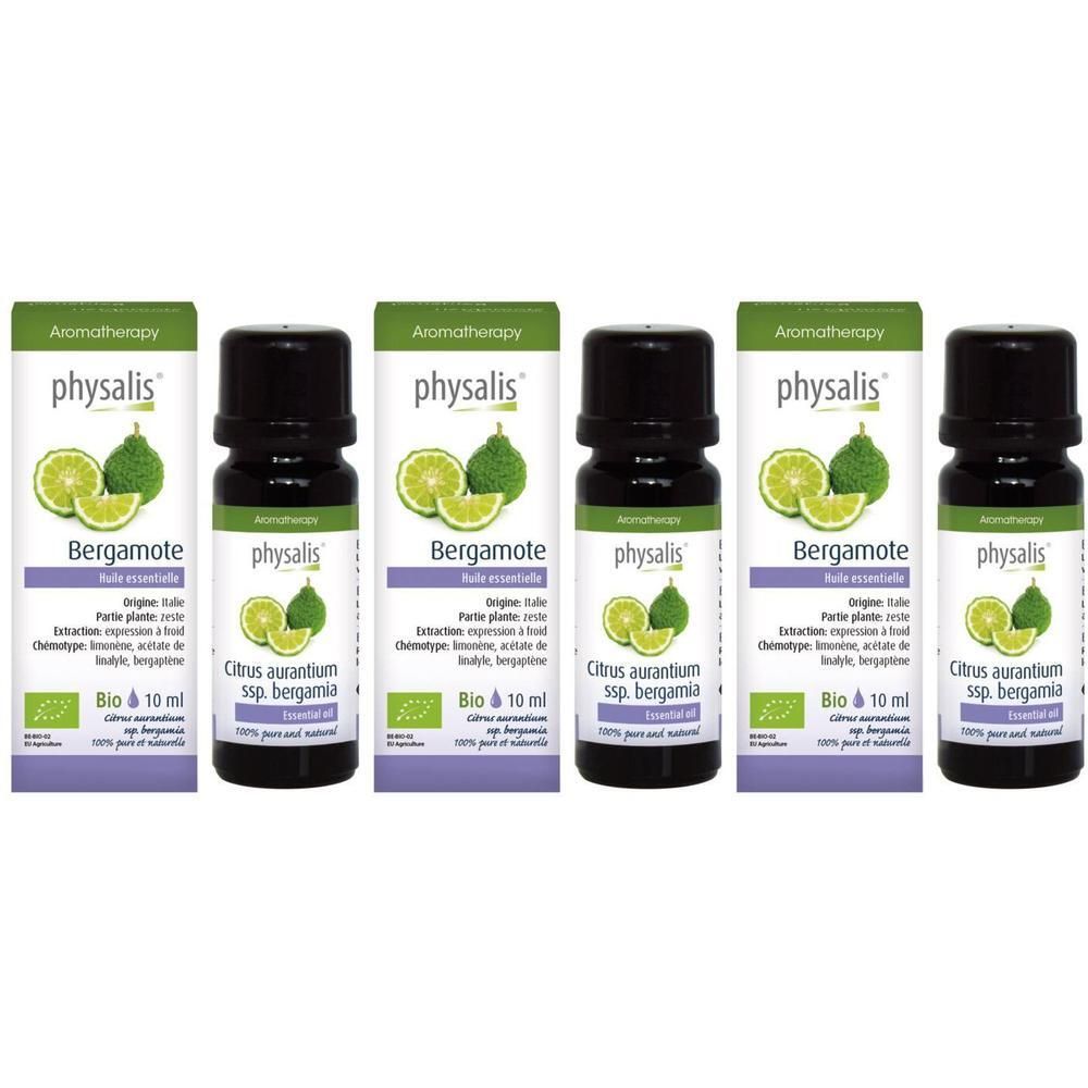 Cinq flacons d'huile essentielle de Bergamote Physalis, 10 ml chacun.