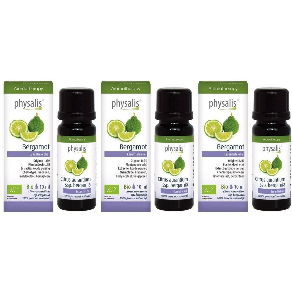 Vijf flesjes Physalis Bergamot etherische olie, elk 10 ml.
