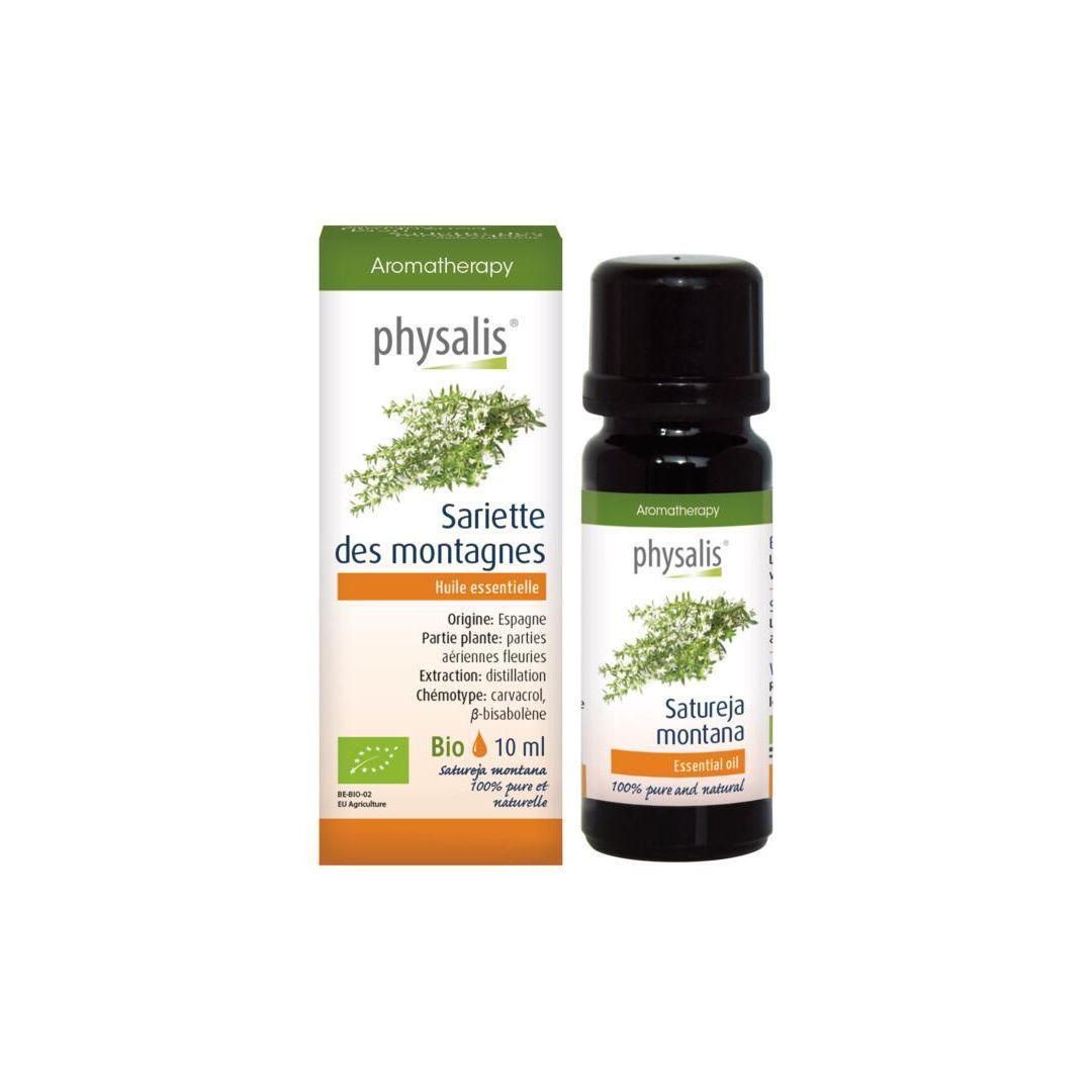 Physalis Huile essentielle Bio Sarriette des montagnes 10ml. Flacon en verre brun avec compte-gouttes et boîte pliante.