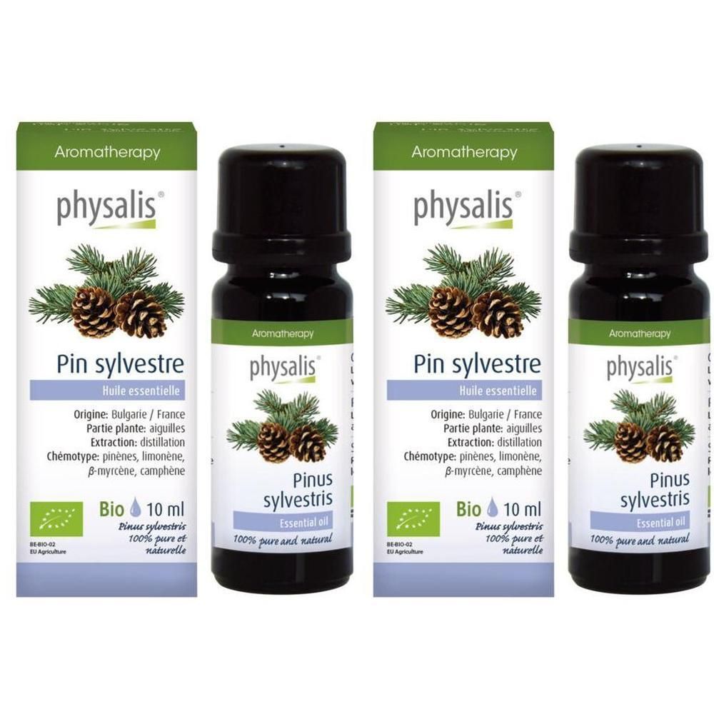 Deux flacons d'huile essentielle bio Physalis Pin Sylvestre. Flacons en verre foncé avec étiquettes montrant des pommes de pin et des aiguilles.